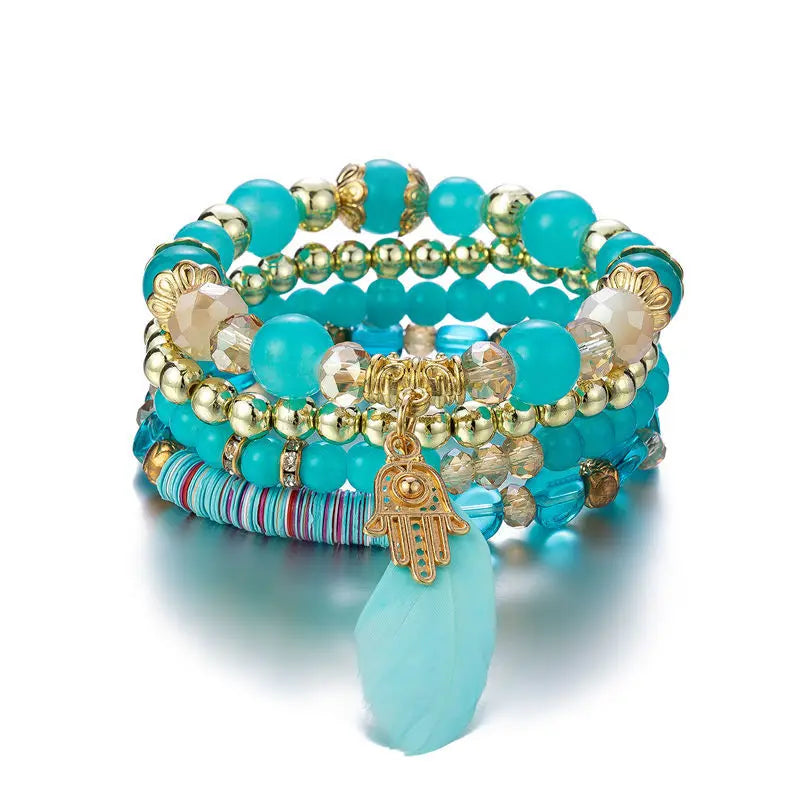 Cross-border European and American supply Bohemian bracelet four-piece set, colored crystal bead bracelet, feather hand jewelry,