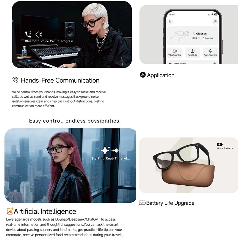 2026 Smart Glasses Genuine Leather 8MP HD Lens 2000Mah Charging Case BT Call 3D Music AI Voice Wake-up AI Translation