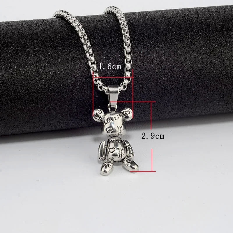 Rotatable Bear Doll Pendant Stainless Steel Necklace Men and Women Hip-hop Personality Simple Cartoon Sweater Chain Wholesale