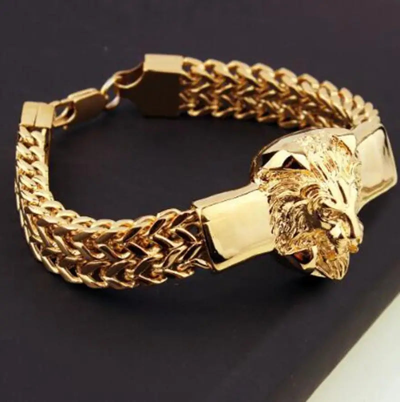 Personality Domineering Animal Gold Color Lion Head Bracelet Men's Stainless Steel Chain Bracelet Punk Rock Jewelry Gift