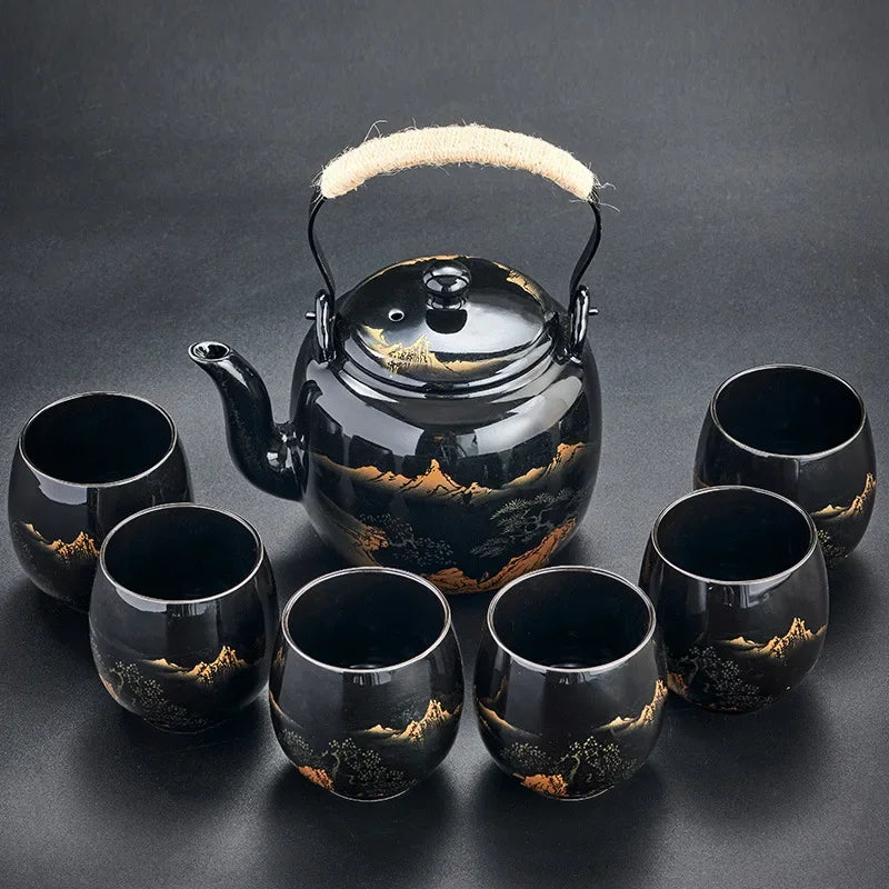 Black Glazed Large-capacity Tea Set   Ceramic Handle Teapot   1 Teapot with 6 Cups
