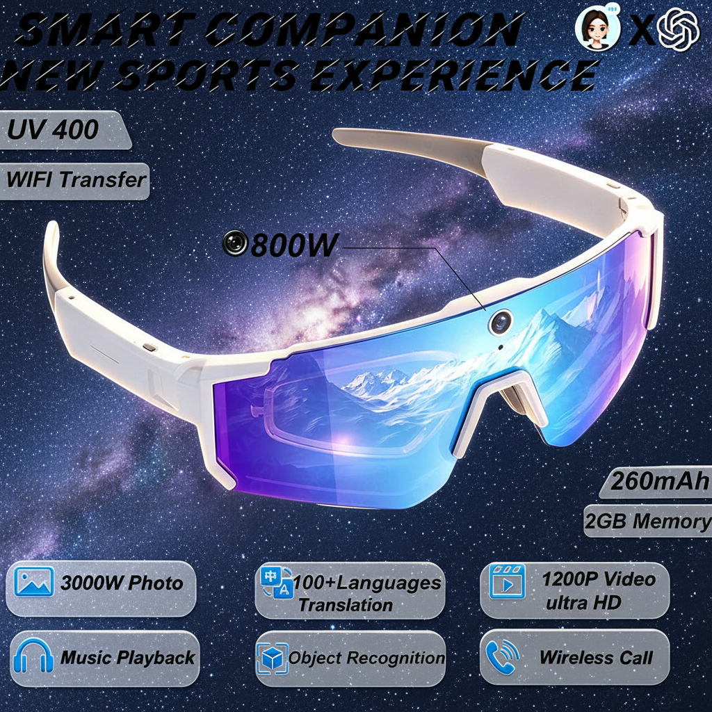 New AI Smart Sports shooting&recording Glasses 800W Camera HD Anti-shake Outdoor Riding Shooting Artifact Windproof Glasses