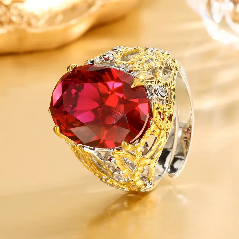 Women's Adjustable Hollow Statement Ring Vintage Two Tone Filigree Ring with Large Oval Red Blue Gemstone Fashion Party Jewelry