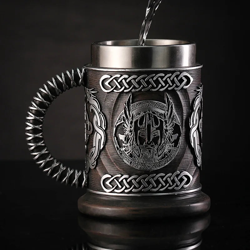New Medieval Norse Mythology Beer Mug - Large Capacity 304 Stainless Steel Odin God of War Unique Wine Cup Creative Drinkware.