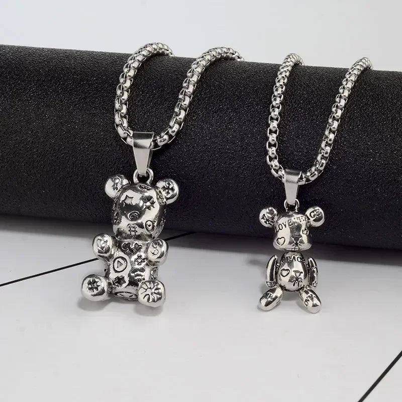 Rotatable Bear Doll Pendant Stainless Steel Necklace Men and Women Hip-hop Personality Simple Cartoon Sweater Chain Wholesale