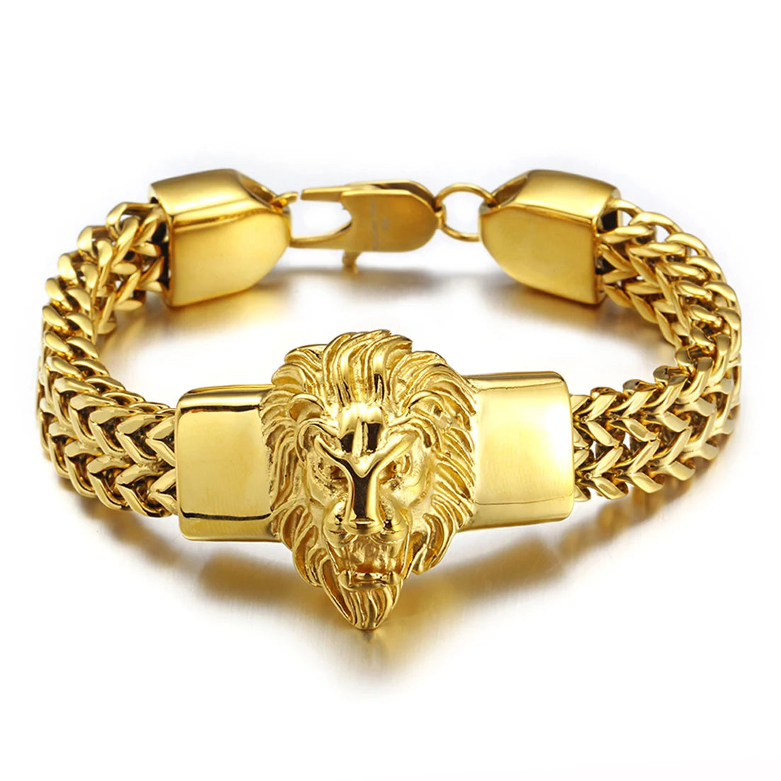 8.66inch Cool Gold Color Lion Head Bracelet Men Stainless Steel Franco Link Chain Luxury Man Bracelet Gift