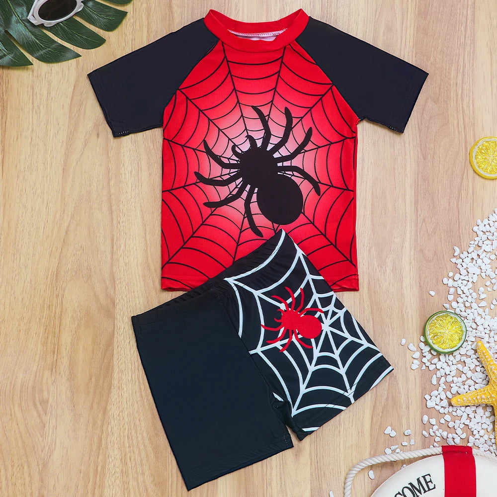 Boys Swimsuit Set Two Piece Spider Print Bathing Suit Short Sleeve Swim Shirts with Trunks Quick Dry Beachwear