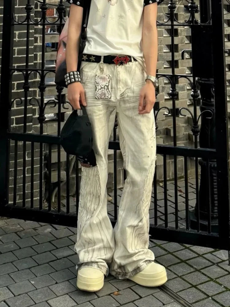2026 Punk Y2K Style Dirty Washed White Patchwork Baggy Flared Stacked Jeans Pants For Men Clothing Streetwear Goth Long Trousers