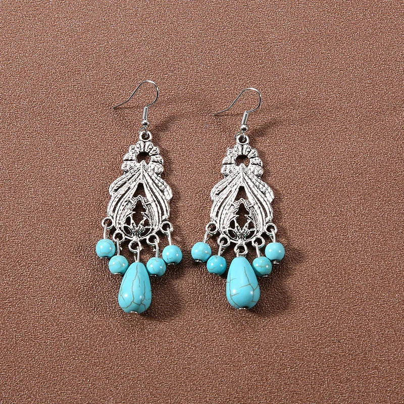 Bohemian fringed turquoise personality temperament earrings jewelry