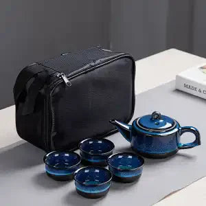 Ceramic Kung Fu Travel Tea Set Set Tianmu Glaze Kiln One Pot Four Cup Outdoor Travel Chinese Tea Set with Tote Bag Portable Gift