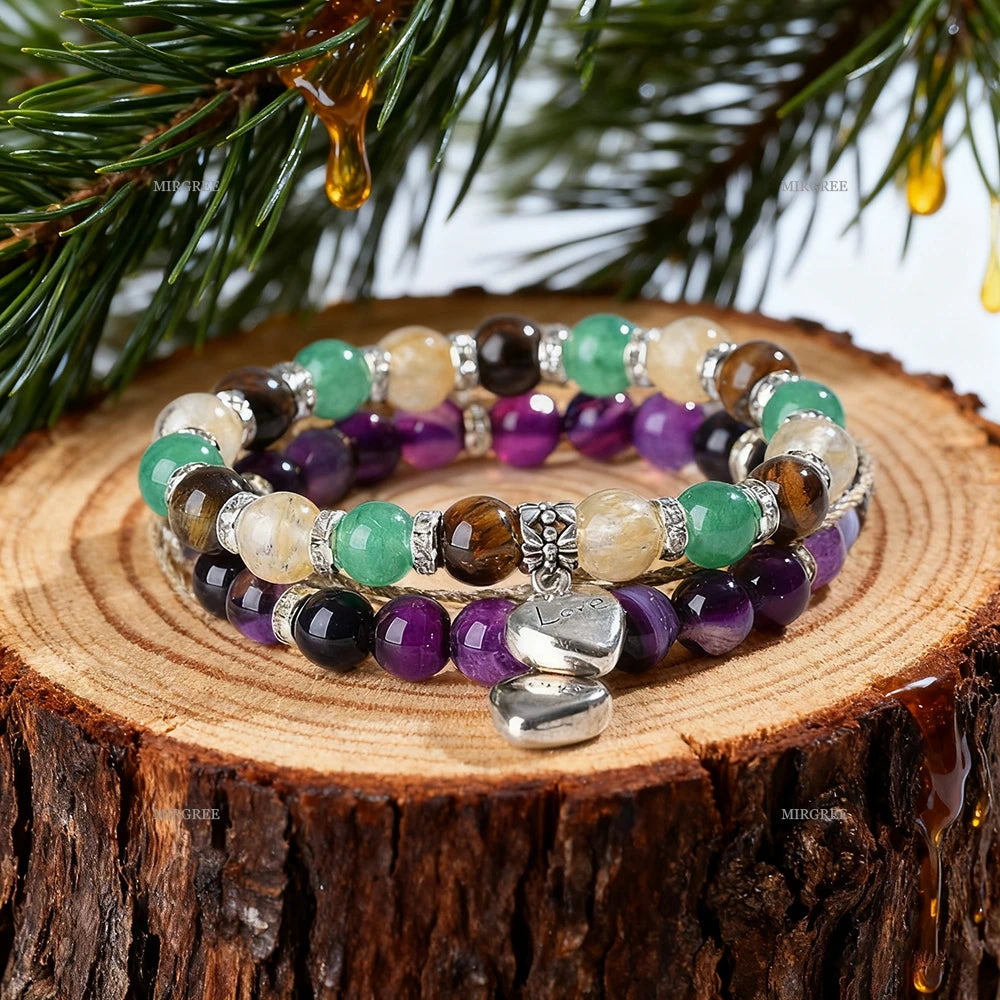 2pcs Bracelet Set, Multi-layer Bead Bracelet with Silver Heart Pendant, Ideal Gift for Crystal Enthusiasts and Bohemians