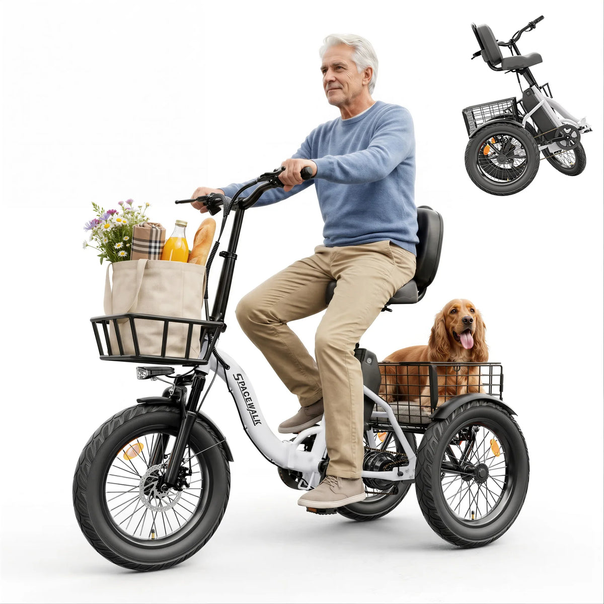 Spacewalk Electric Tricycle for Adults, Folding Trike Bike for Adults | 748.8Wh Removable Battery, Peak 1200W Motor, 18*3.0 Fat Tire, Step-Thru Electric Tricycle, Up to 60 Miles, 18MPH