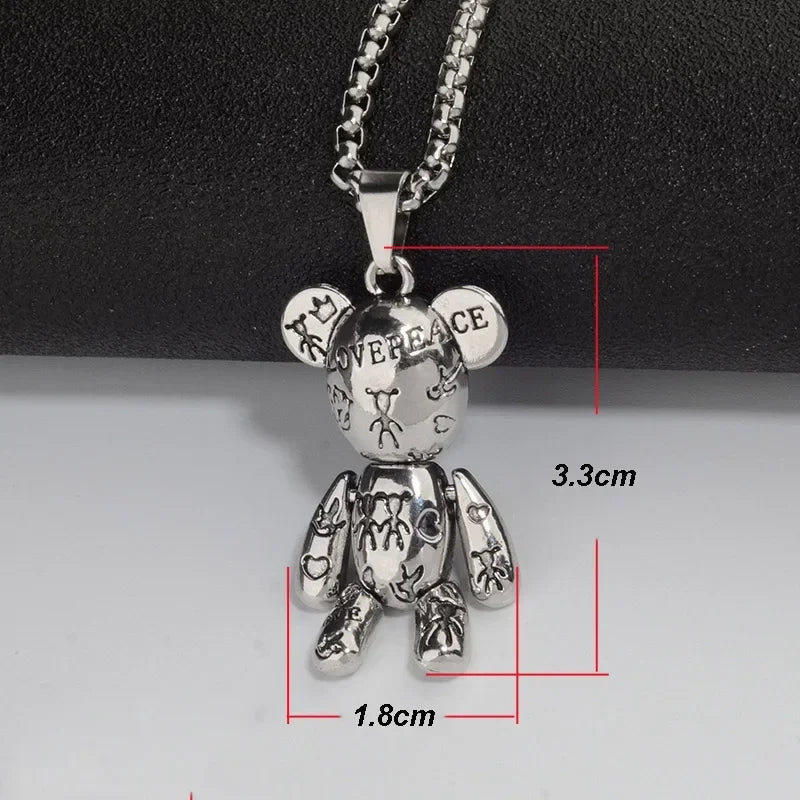 Rotatable Bear Doll Pendant Stainless Steel Necklace Men and Women Hip-hop Personality Simple Cartoon Sweater Chain Wholesale