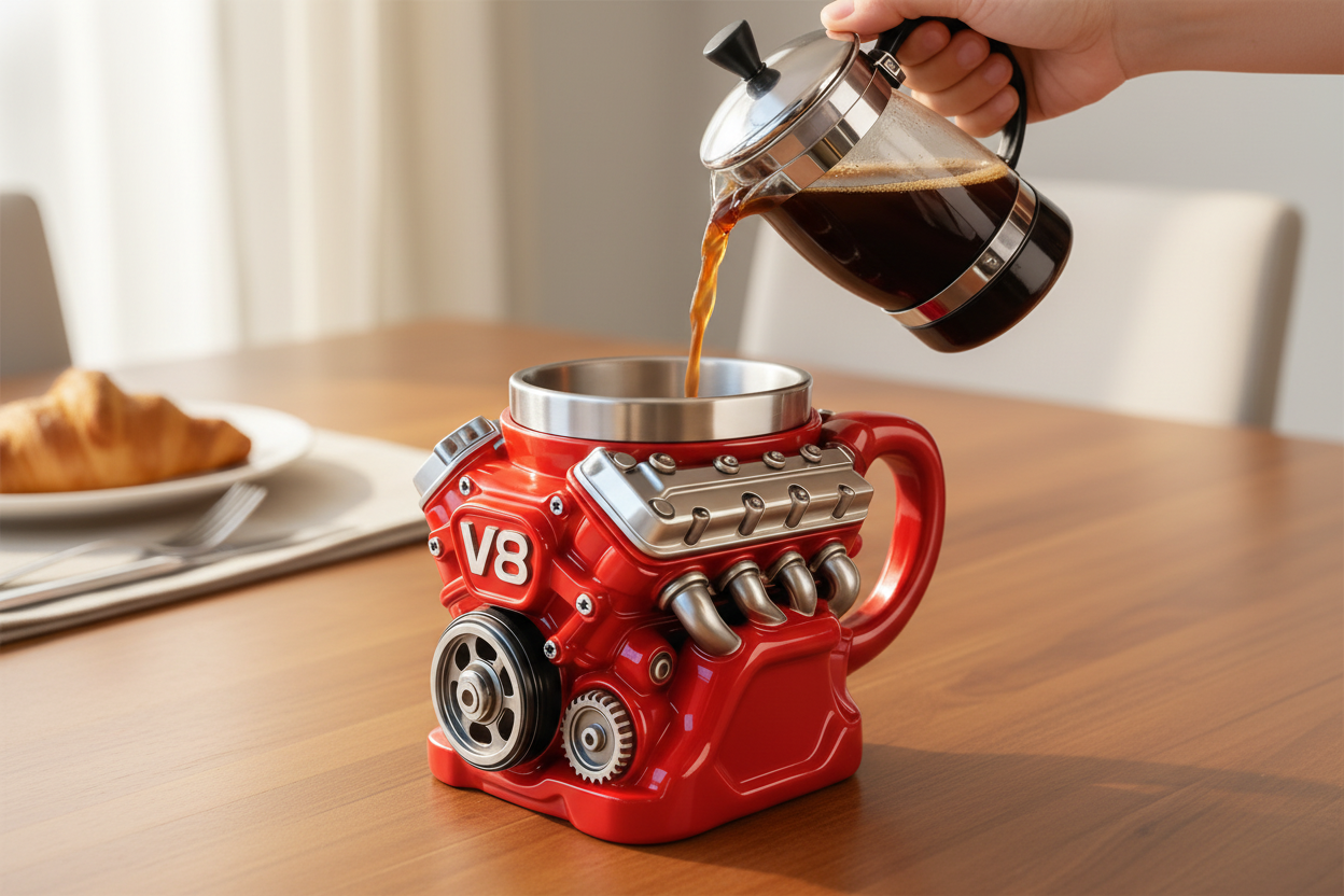 Retro Engine Coffee Mug Double Wall 300ML V8 Engines Stainless Steel Cup with Handle Realistic Design Insulation Car Mug