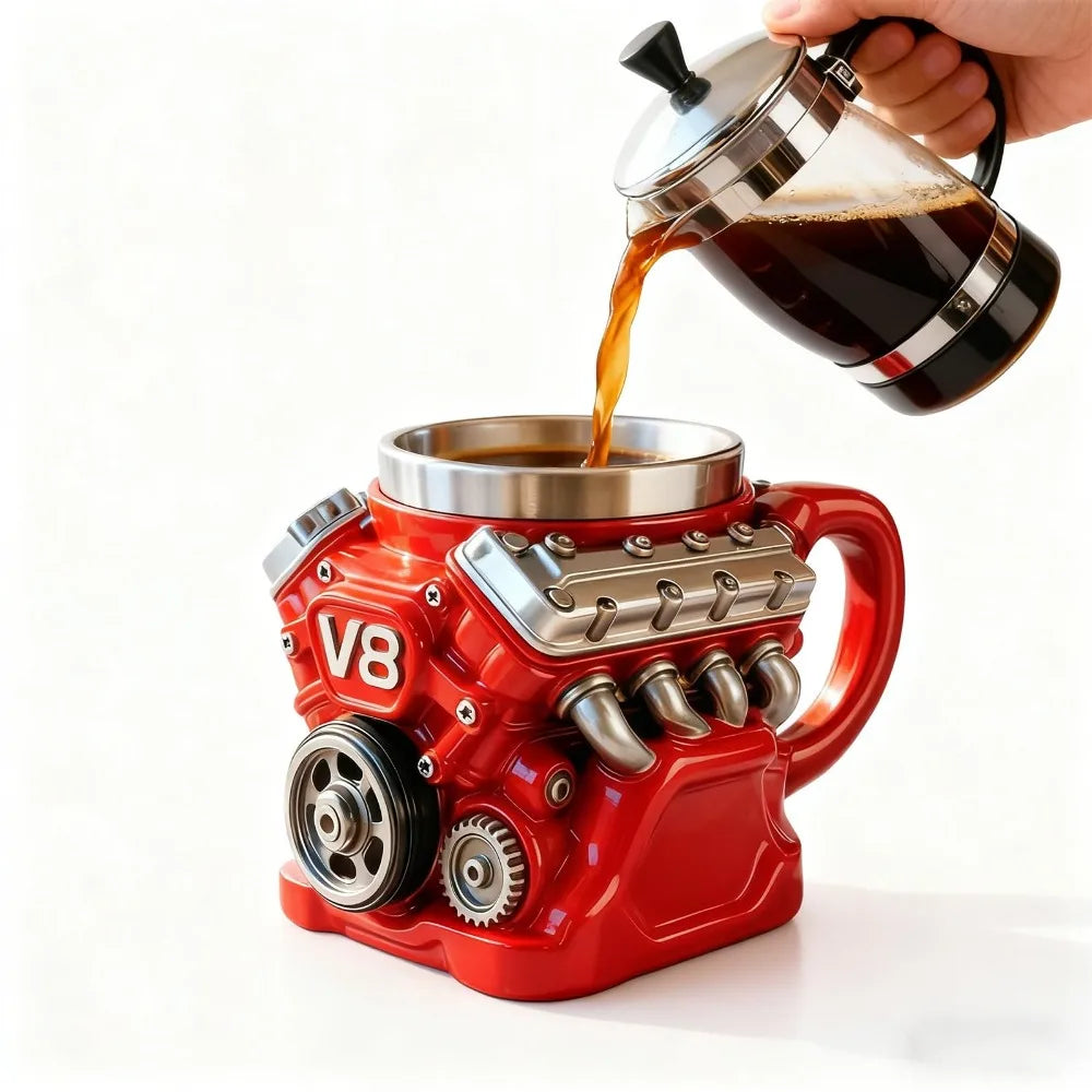 Retro Engine Coffee Mug Double Wall 300ML V8 Engines Stainless Steel Cup with Handle Realistic Design Insulation Car Mug