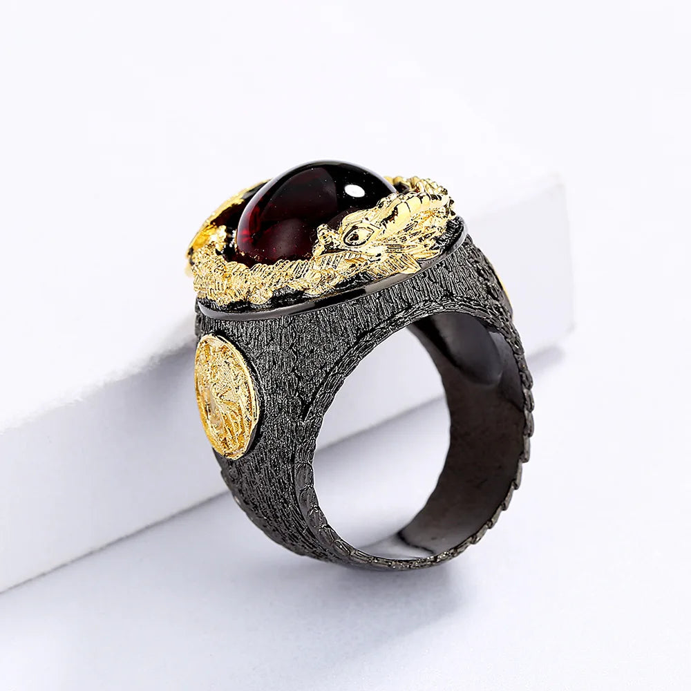 Domineering Men's for Ring Inlaid Red Zircon Ring Carved Dragon Ring Black Gold Ring Jewelry Party Ring Mens Rings Gold