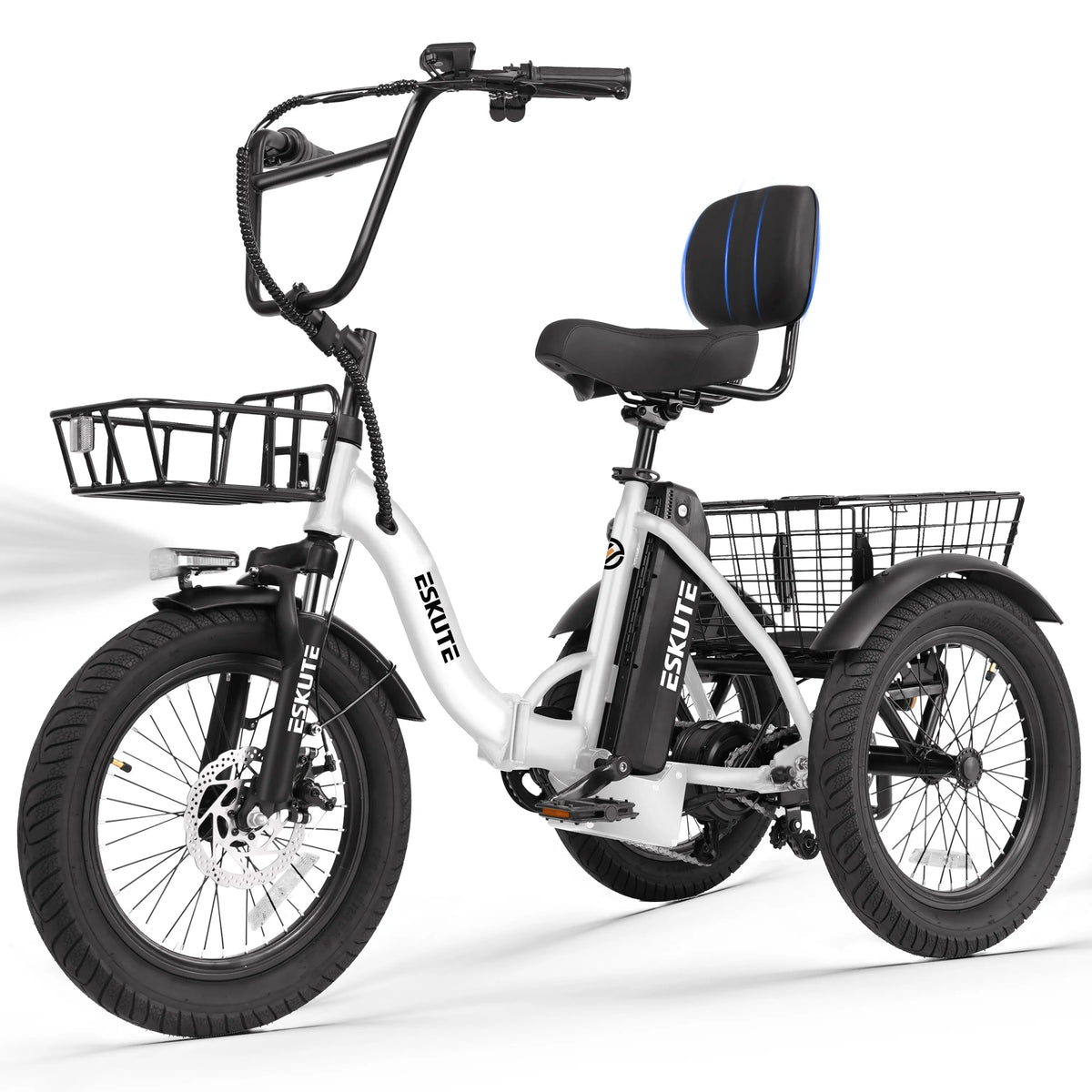 ESKUTE T300 E Trike Electric Bike, Peak Brushless Motor Folding Trike 18X3.0 Fat Tire Ebike, 624Wh Removable Battery, Step-Thru 3 Wheel Electric Bicycle, Up to 65 Miles, 18MPH+ Tricycle for Adults