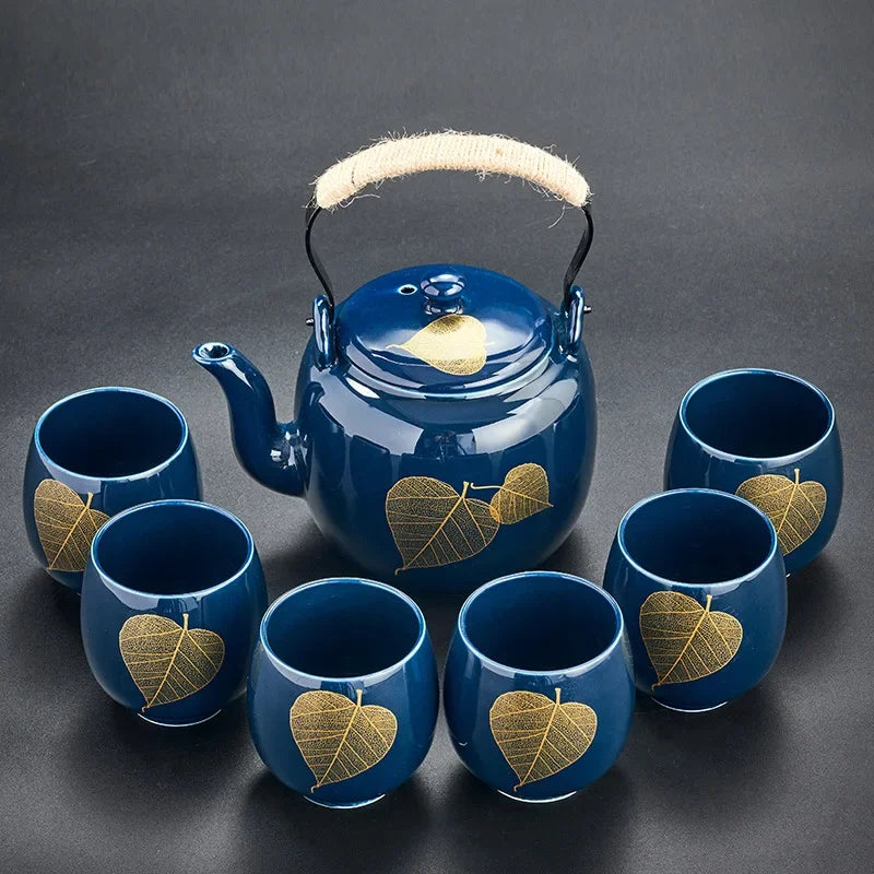 Black Glazed Large-capacity Tea Set   Ceramic Handle Teapot   1 Teapot with 6 Cups