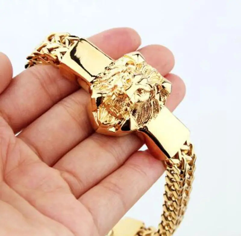 Personality Domineering Animal Gold Color Lion Head Bracelet Men's Stainless Steel Chain Bracelet Punk Rock Jewelry Gift