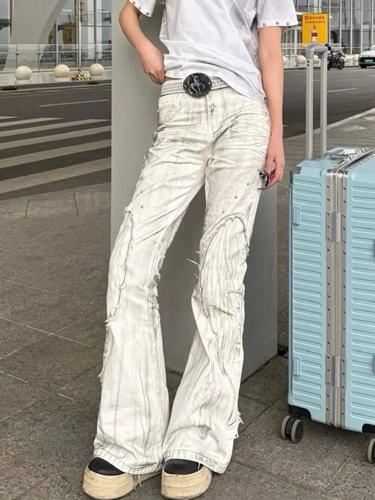 2026 Cyber Y2K Streetwear Dirty Washed White Baggy Women's Flared Jeans Pants For Woman Clothing Wing Embroidery Long Trousers