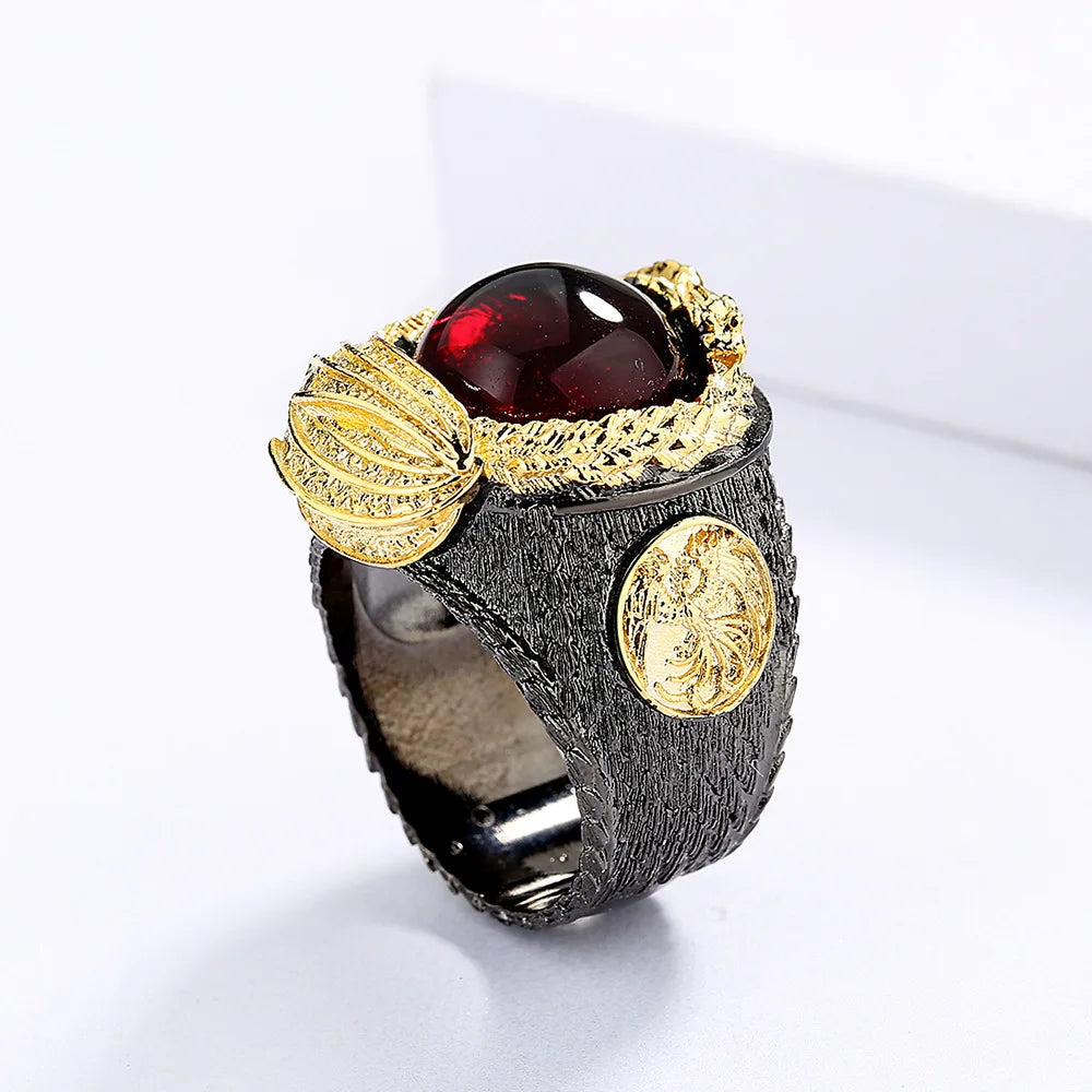 Domineering Men's for Ring Inlaid Red Zircon Ring Carved Dragon Ring Black Gold Ring Jewelry Party Ring Mens Rings Gold