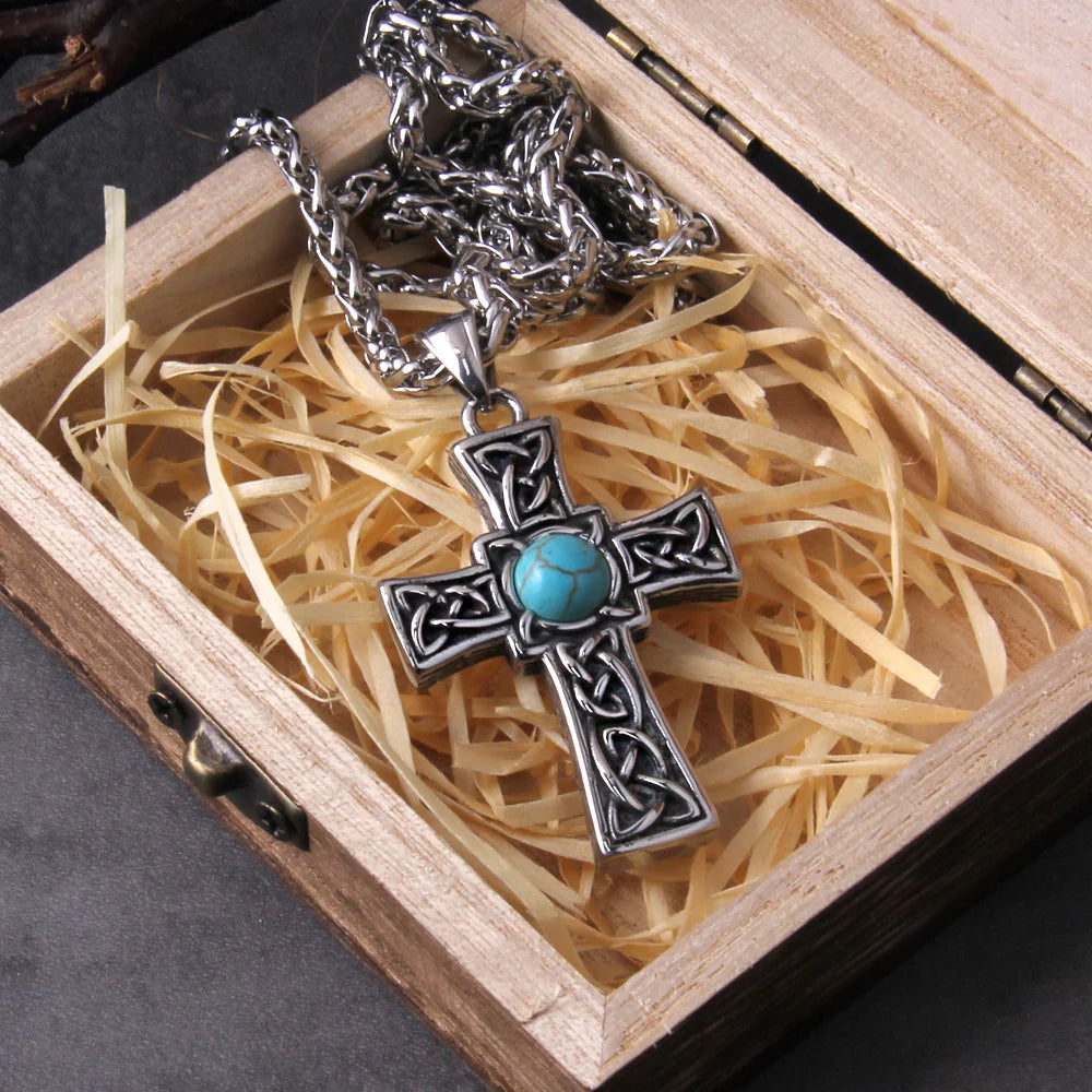 stainless steel Valknut Celtic cross with stone pendant men fashion viking titanium steel jewelry with wooden box as men gift