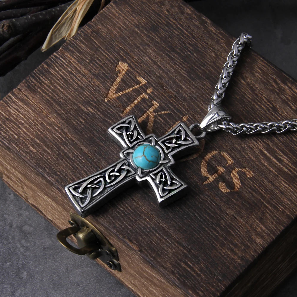 stainless steel Valknut Celtic cross with stone pendant men fashion viking titanium steel jewelry with wooden box as men gift