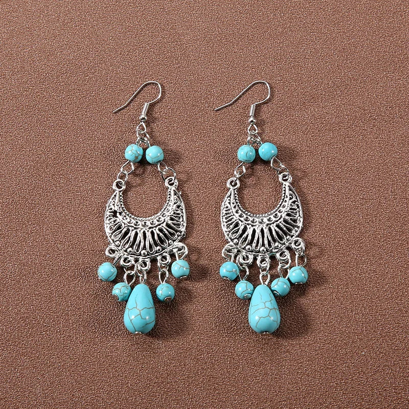 Bohemian fringed turquoise personality temperament earrings jewelry