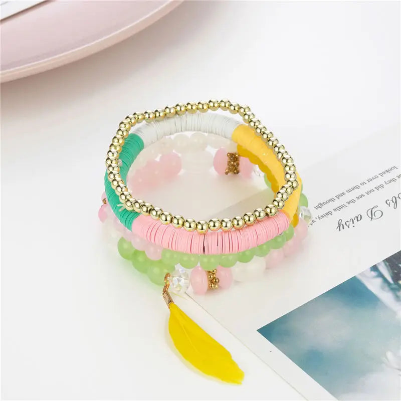 Cross-border European and American supply Bohemian bracelet four-piece set, colored crystal bead bracelet, feather hand jewelry,