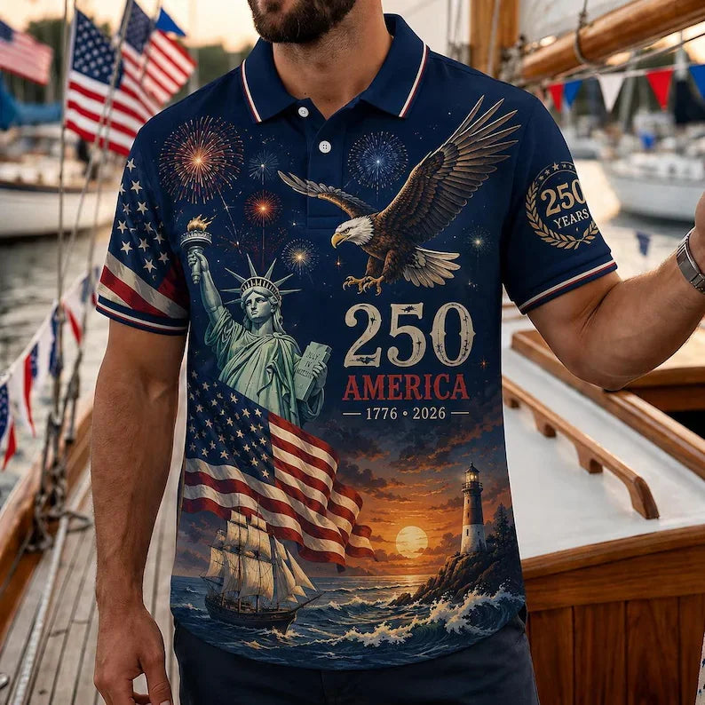 Family USA 250th Anniversary Polo Shirt Patriotic American Flag Eagle Print Short Sleeve Independence Day Golf Tee For Men Women