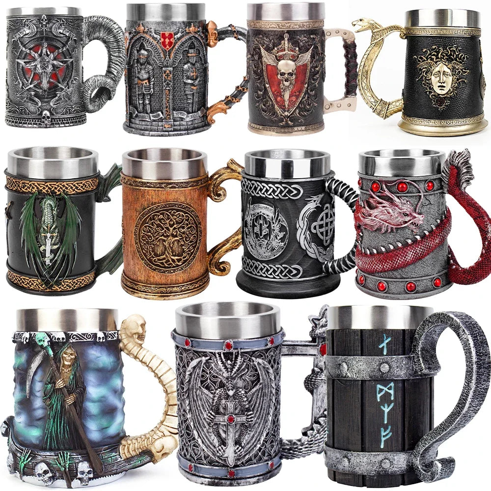 600ML Viking Mug Collection 304 Stainless Steel Insert Resin Beer Danegeld Tankard Coffee Beer Mugs Cup Halloween Friends Gift
