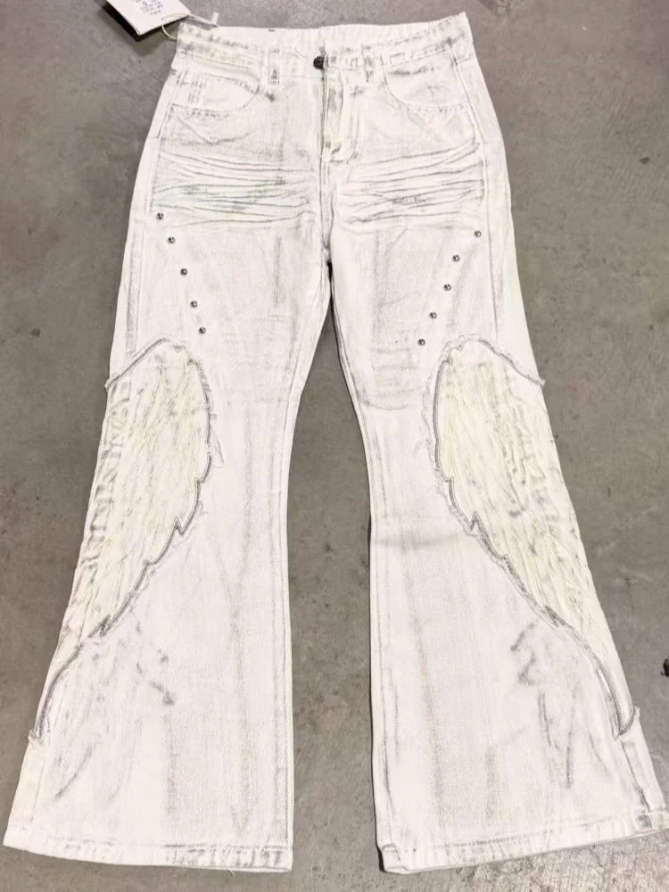 2026 Punk Y2K Style Dirty Washed White Patchwork Baggy Flared Stacked Jeans Pants For Men Clothing Streetwear Goth Long Trousers
