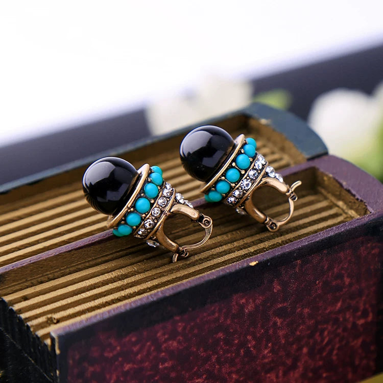 Jeweled Pendant Eardrops Earrings Antique Women Black Onyx