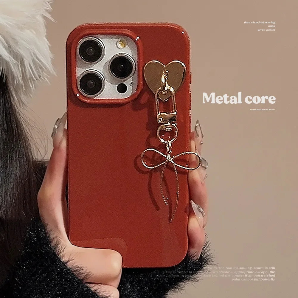 Korean Cute Bow Pendant Chain Red Phone Case For iPhone 16 15 14 13 12 11 Pro Max Xsmax XR X Shockproof Soft Back Cover Coque