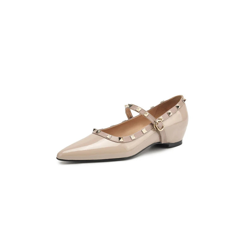 Patent Leather Mary Jane Shoes Soft Sole Skinny Pointed Toe Single Shoes One Word Rivet Women's Shoes Wine Red
