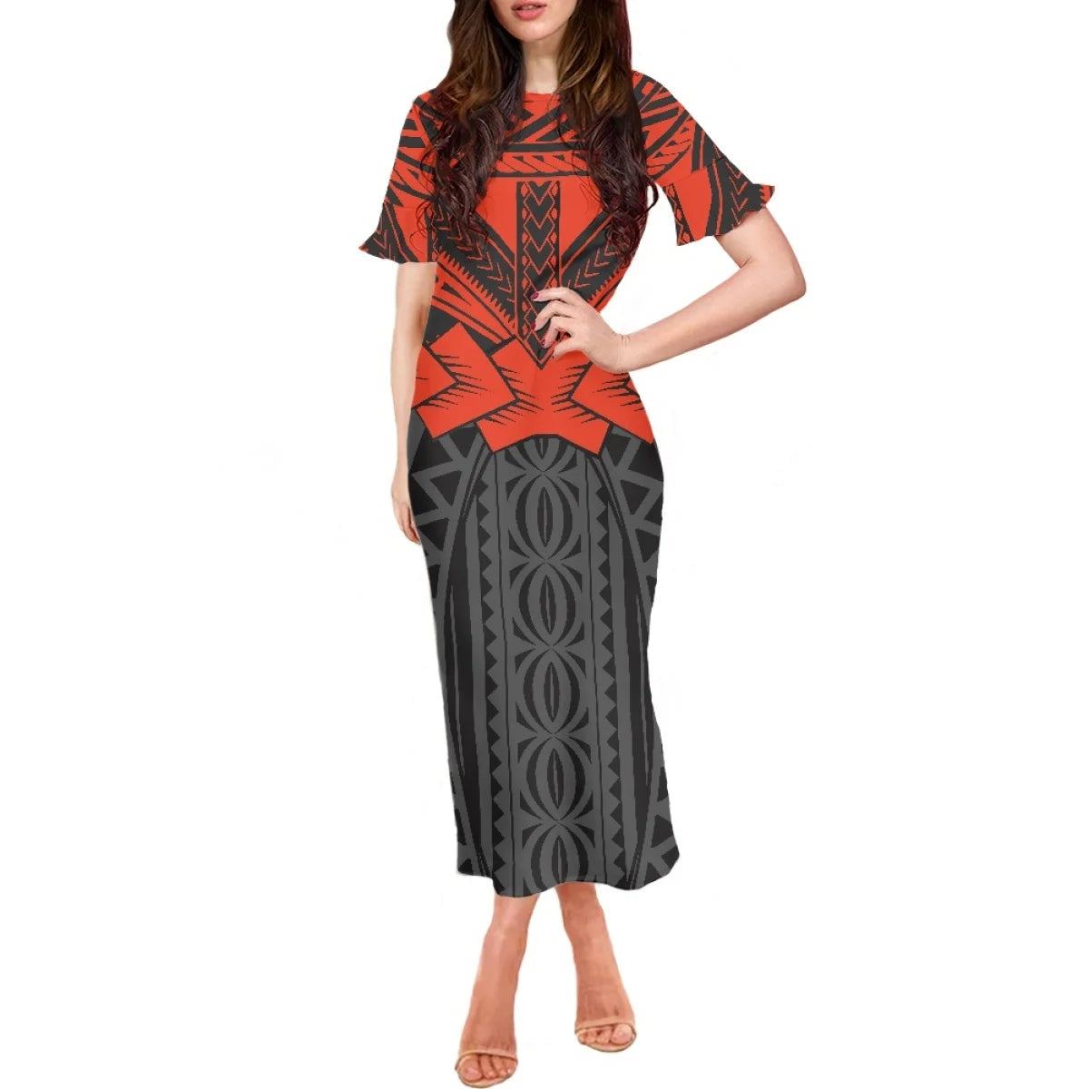 Summer Flowers Polynesian Tiare Monoi Tattoo Dress Hawaiian Style Women's Ruffle Short Sleeve Dress Casual Clothing