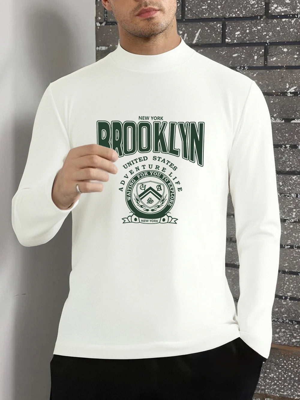 Brooklyn United States Printed T-Shirts Men Autumn Long Sleeves Bottoming Shirt Slim Fit Warm Half Turtleneck Tops Basic Clothes