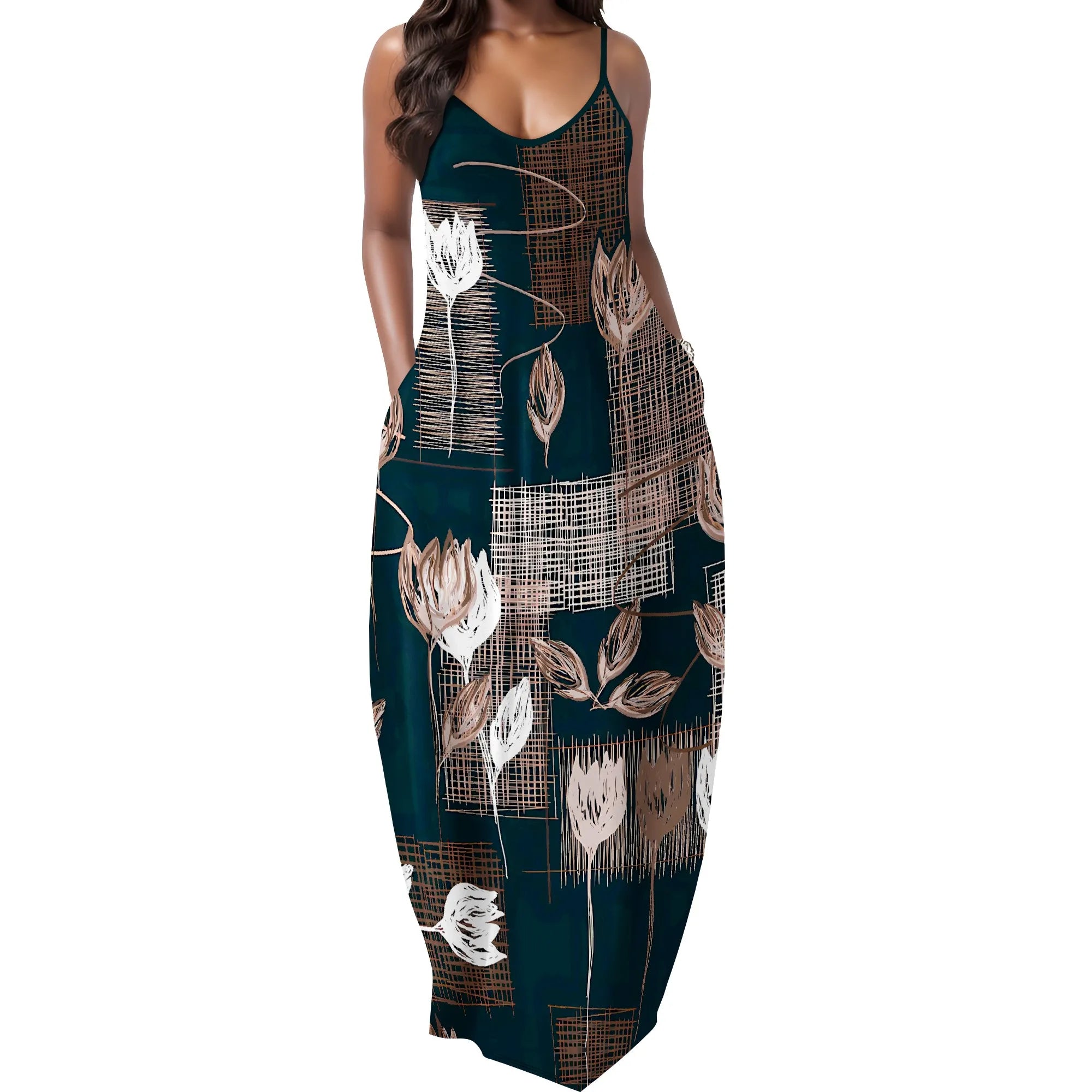 Elegant Floral Abstract Print Maxi Dress for Women Spaghetti Strap Summer Look