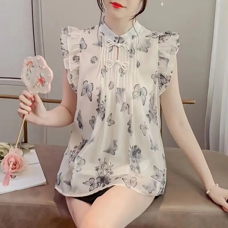 Chinese Style Top for Women Retro Style Small Flying Sleeve Chiffon Floral Shirt Summer Top