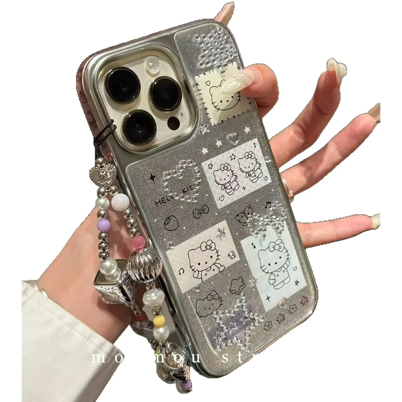 The electroplated silver-framed checkered cute Hello Kitty phone case with a bracelet is suitable for iPhone16 15 1413 pro max