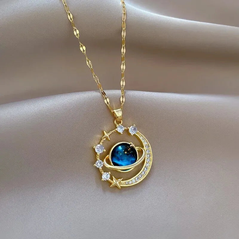 Exquisite Starry Sky Planet Light Luxurious Temperament Gorgeous Necklace Star and Moon Versatile Stainless Steel Clavicle Chain