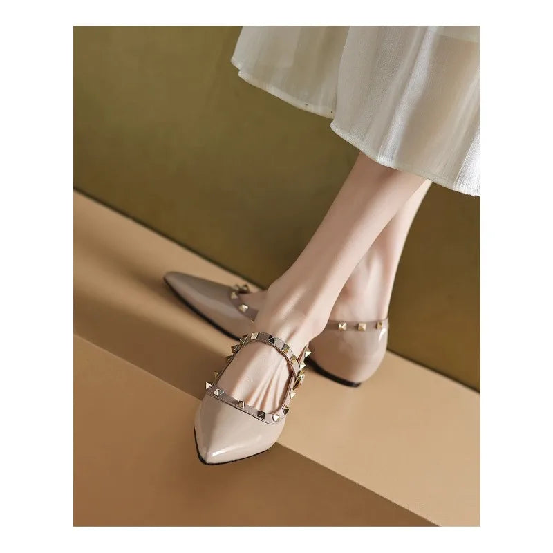 Patent Leather Mary Jane Shoes Soft Sole Skinny Pointed Toe Single Shoes One Word Rivet Women's Shoes Wine Red