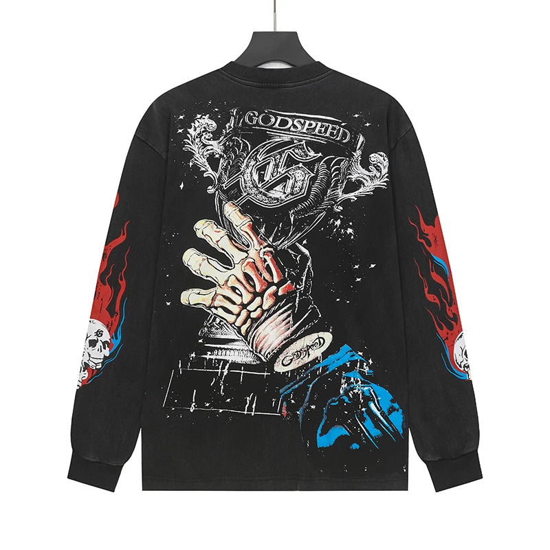American Streetwear Godspeed Long Sleeve Skeleton Racer Print Washed Do Old Loose Casual Long-sleeved Men Women T-Shirt