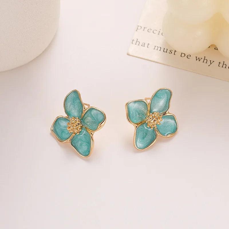White Color Dripping Oil Flower Stud Earrings for Women Four-petal Gold Electroplating Ear Stud New Trendy Girls Vintage Jewelry