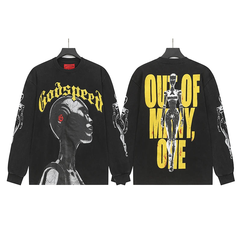 American Streetwear Godspeed Long Sleeve Skeleton Racer Print Washed Do Old Loose Casual Long-sleeved Men Women T-Shirt