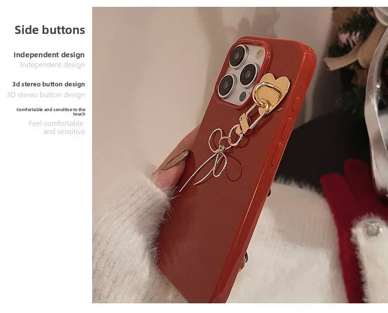 Korean Cute Bow Pendant Chain Red Phone Case For iPhone 16 15 14 13 12 11 Pro Max Xsmax XR X Shockproof Soft Back Cover Coque