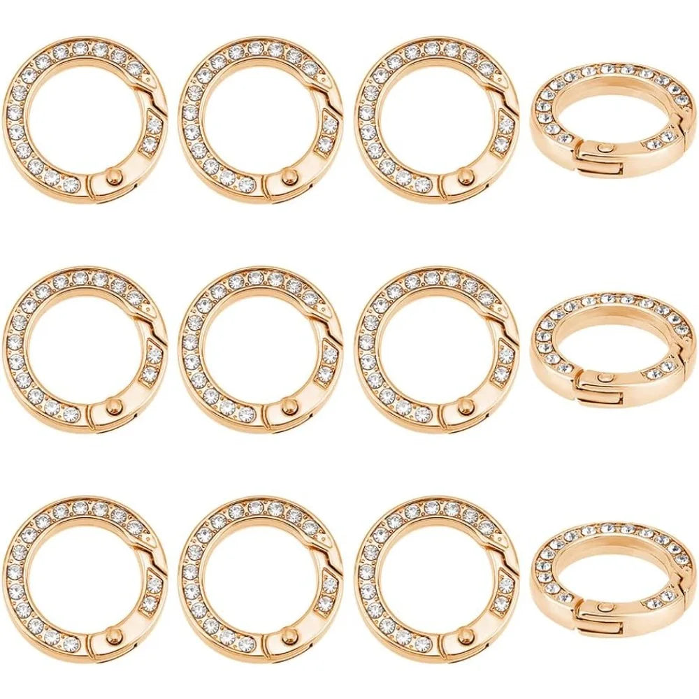 12pcs Metal Rhinestone Spring O Rings Alloy Spring Gate Ring with Rhinestone Rings Round Keychain Buckle Gate Rings 25mm