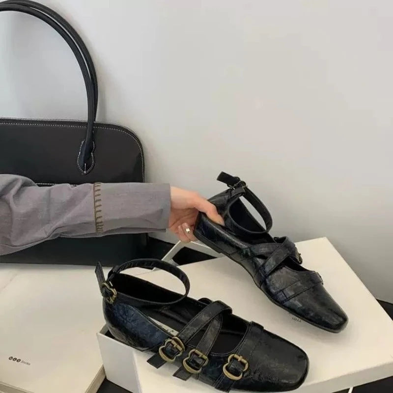 2025 New Square Toe Heightened Inner Mary Jane Women's Shallow Mouth One Buckle Women's Shoes Versatile Flat Single Shoes