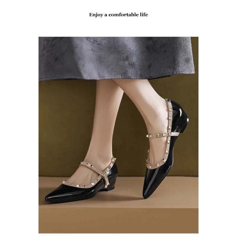 Patent Leather Mary Jane Shoes Soft Sole Skinny Pointed Toe Single Shoes One Word Rivet Women's Shoes Wine Red