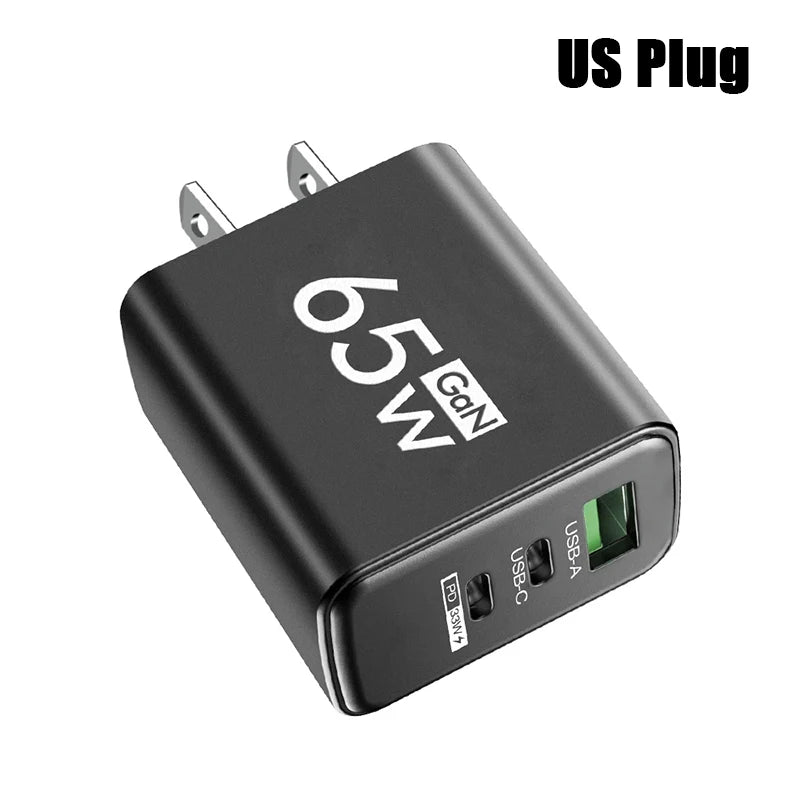 65W 3 Ports GaN USB PD Charger Fast Charging Type C Mobile Phone Adapter Quick Charger 3.0 For iPhone 15 Samsung Xiaomi Huawei